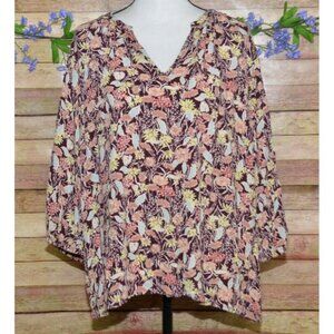 Ava & Viv Women's V-Neck Blouse Plus Size 1X Floral Fall Leaves 3/4 Sleeves